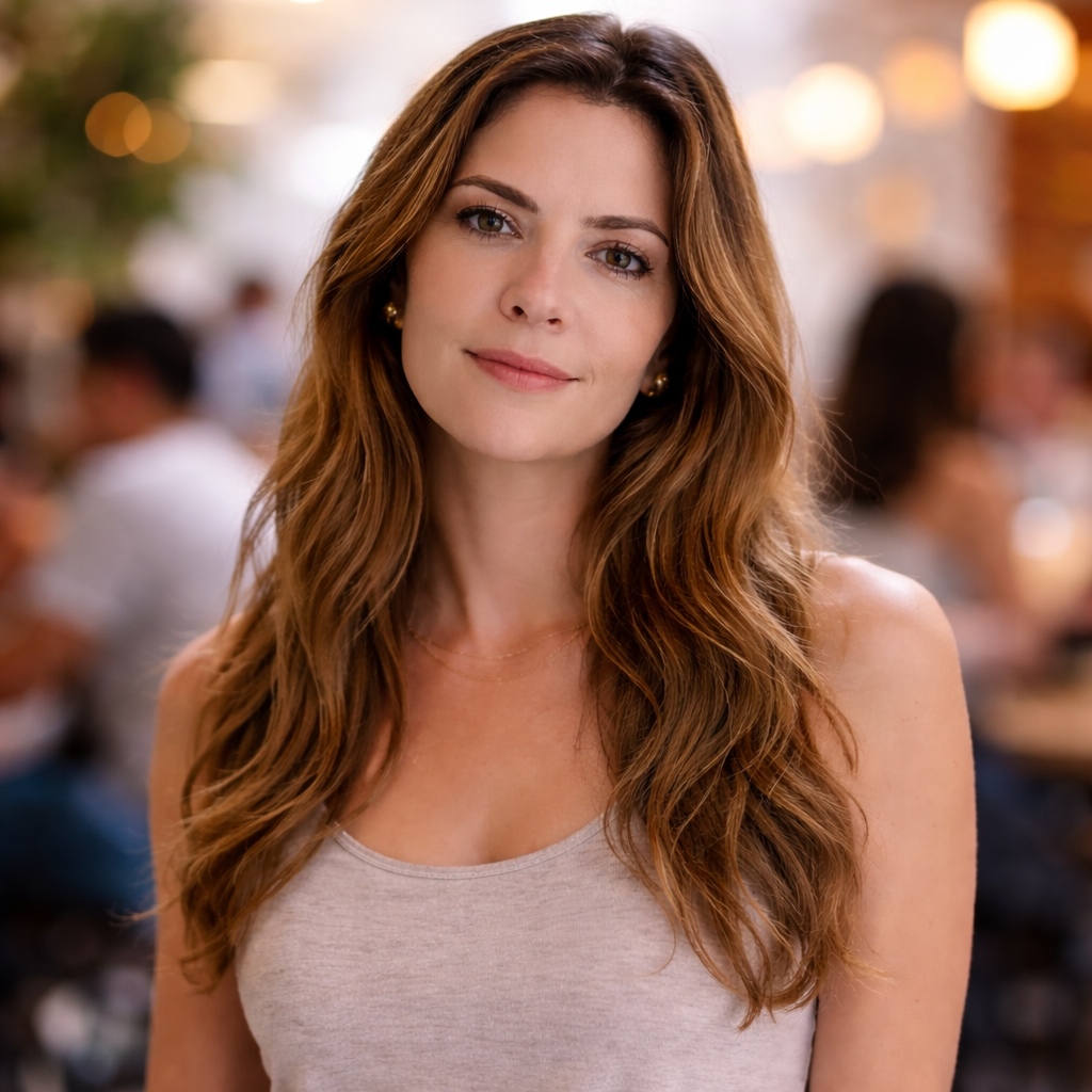 Mulher natural em ambiente social desfocado ao fundo, expressão contida, clima clean.